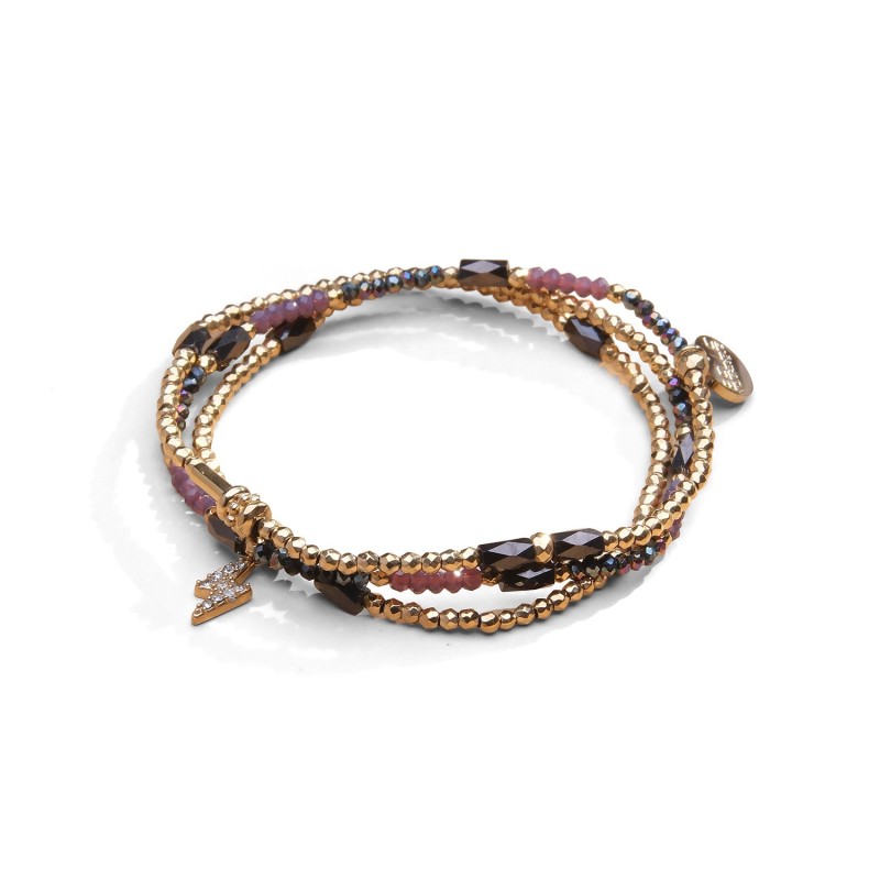 Bracelet 3 tours / collier Gaby cristal mauve pourpre + gris arc en ciel