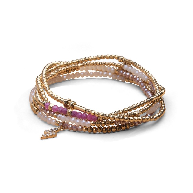 Bracelet 5 tours / sautoir Gaby rubis, cristal blanc neigeux + doré | Belle mais pas que
