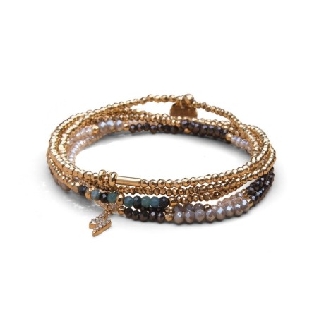 Bracelet 5 tours / sautoir Gaby tourmaline bleue, cristal gris Cézembre, noir + translucide