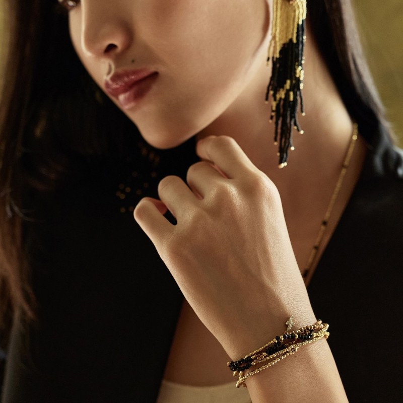 Bracelet 5 tours / sautoir Gaby cristal vert flâner au jardin + champagne