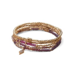 Bracelet 5 tours / sautoir Gaby rubis, cristal mauve pourpre + champagne