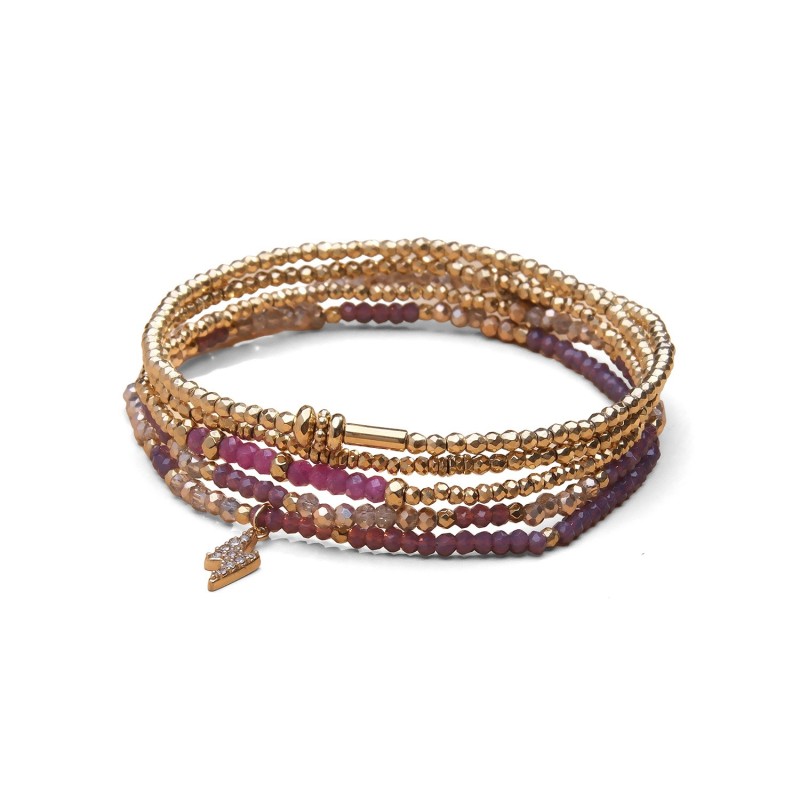 Bracelet 5 tours / sautoir Gaby rubis, cristal mauve pourpre + champagne