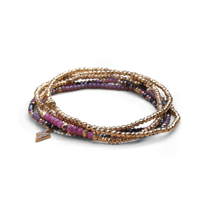 Bracelet 5 tours / sautoir Gaby rubis, cristal mauve pourpre + gris arc en ciel