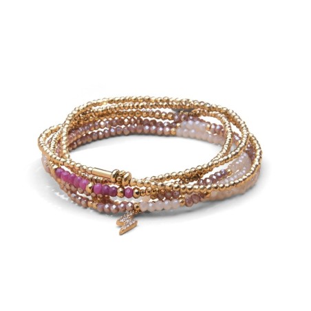 Bracelet 6 tours / sautoir Gaby rubis, cristal blanc neigeux mauve doré