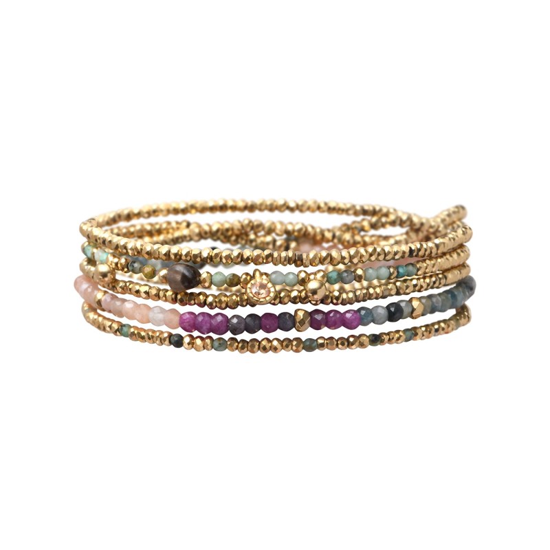 Bracelet élastique Gabrielle 5 Tours ou Sautoirs  Turquoise Africaine, Rubis, Tourmaline Bleue et Pierre de Lune