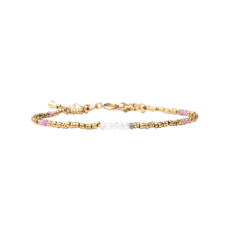 Bracelet Maeva tourmaline rose, perles de culture et pépites de diamant brut