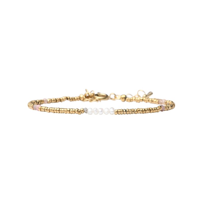 Bracelet Maeva aventurine rose, perles de culture et pépites de diamant brut