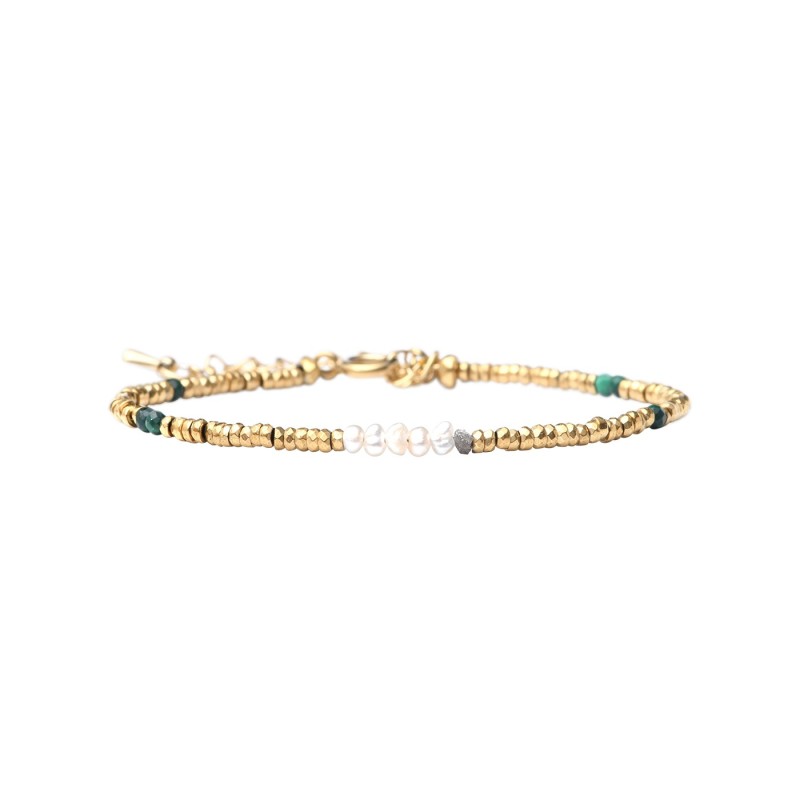 Bracelet Maeva malachite, perles de culture et pépites de diamant brut