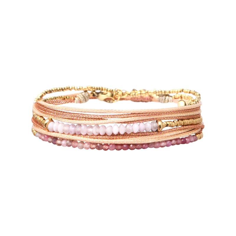 Bracelet 2 tours Solea Nude cristal de roche, tourmaline rose