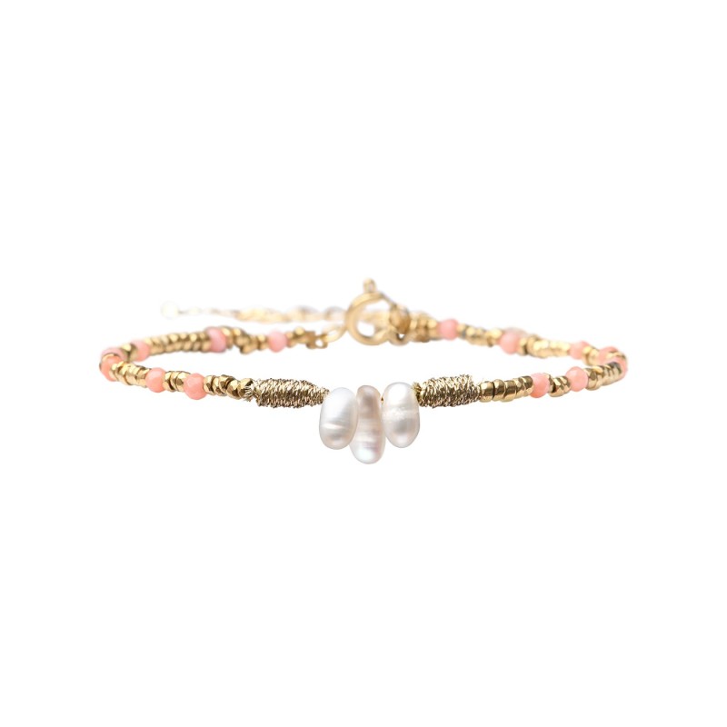 Bracelet Aniata perles de culture et cordon doré et corail rose
