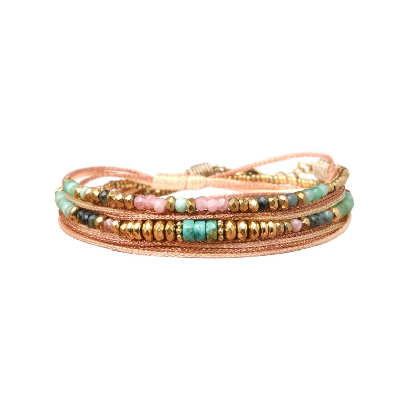 Bracelet Rim 2 Tours jade australienne, tourmaline bleue & cristal rose