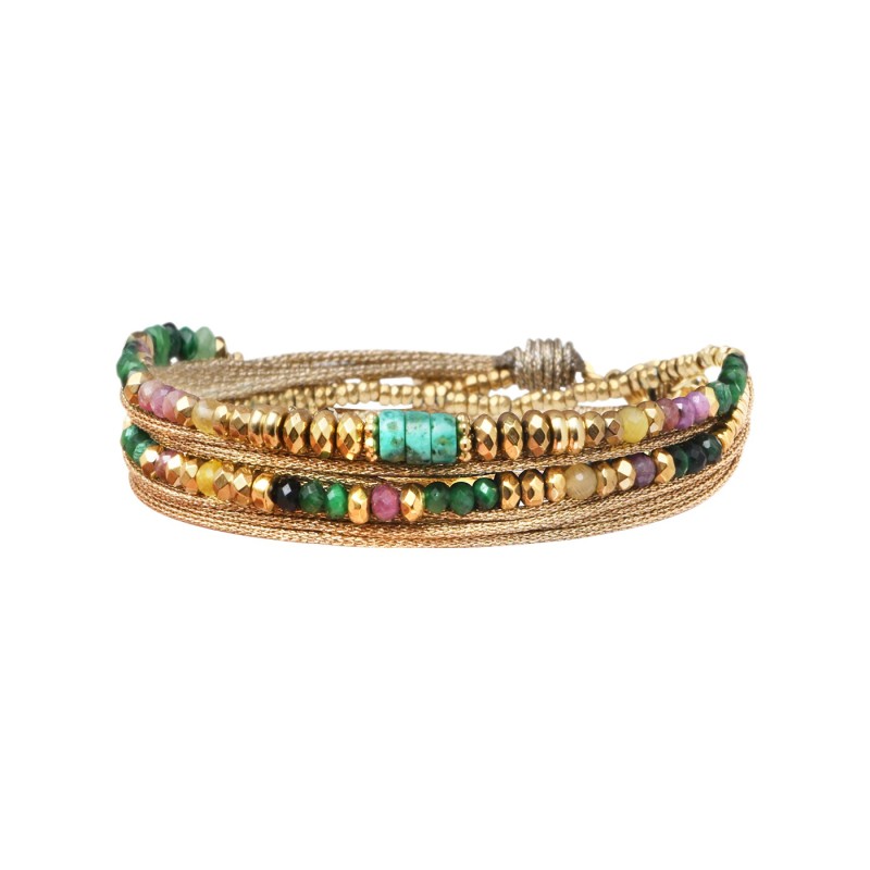 Bracelet Rim 2 Tours rubis, agate verte & opale jaune