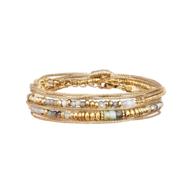 Bracelet RIM nude 2 Tours pierre de lune blanche, tourmaline bleue et turquoise africaine