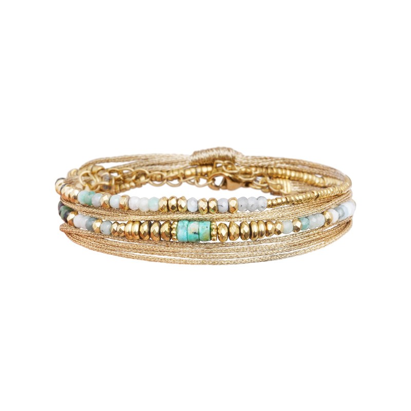 Bracelet RIM nude 2 Tours pierre de lune blanche, tourmaline bleue et turquoise africaine