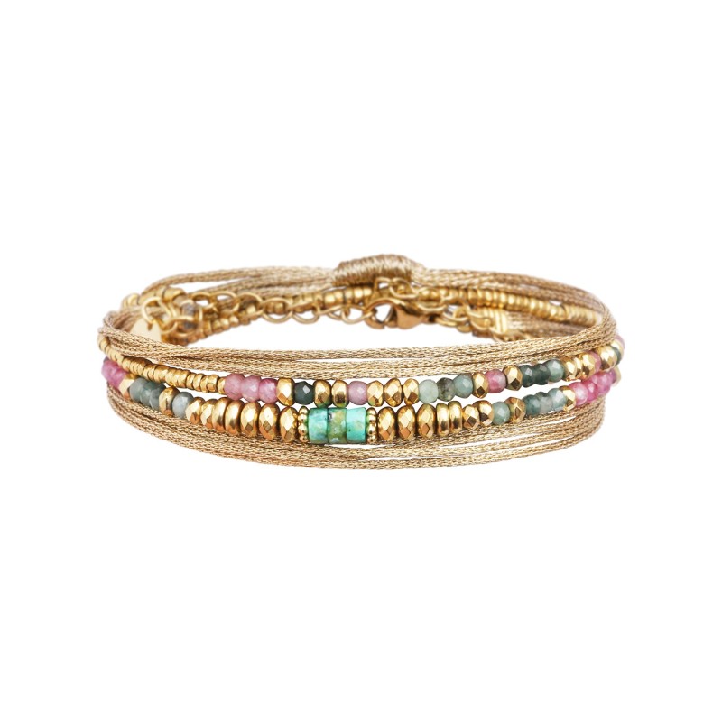 Bracelet RIM nude 2 Tours Tourmaline Bleue et Rose, Turquoise Africaine