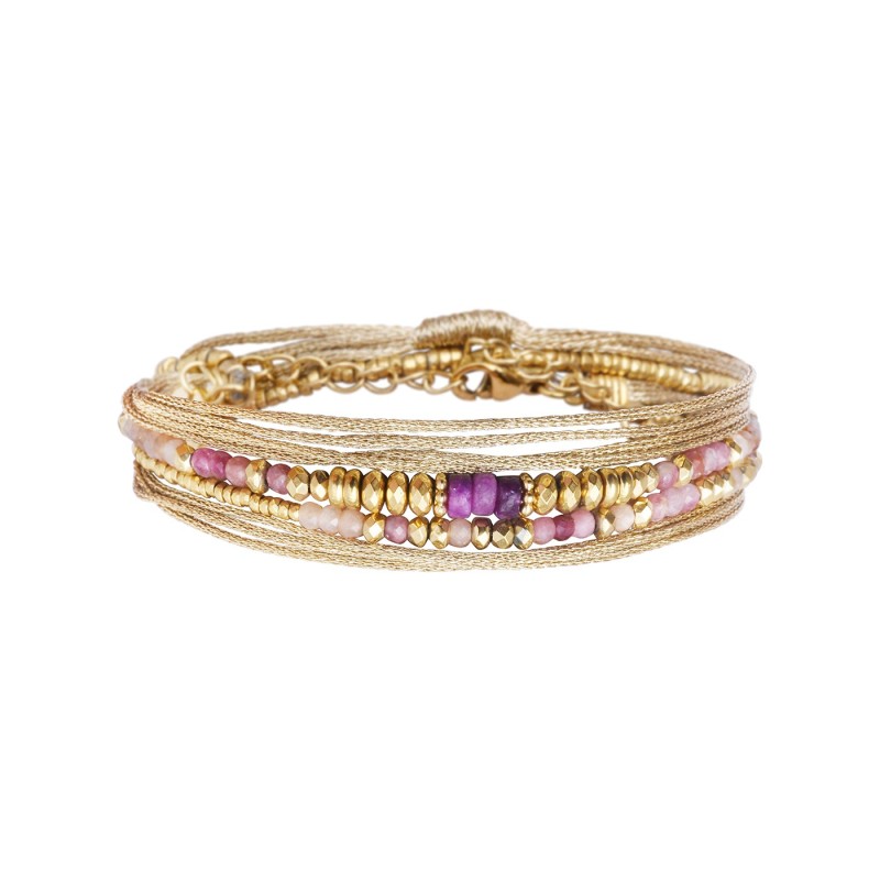Bracelet RIM nude 2 Tours tourmaline rose, pierre de lune et rubis