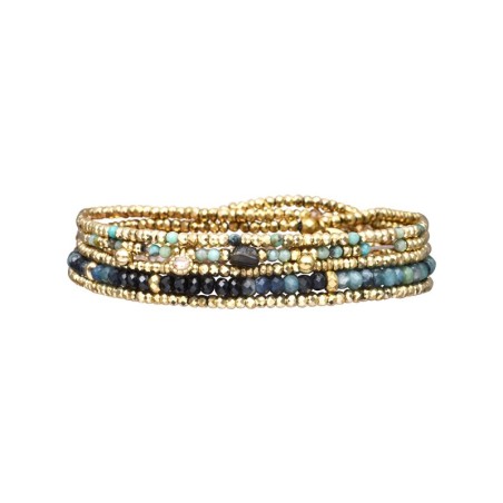 Bracelet élastique 5 tours ou Sautoir Gabrielle Tourmaline bleue & Turquoise Africaine