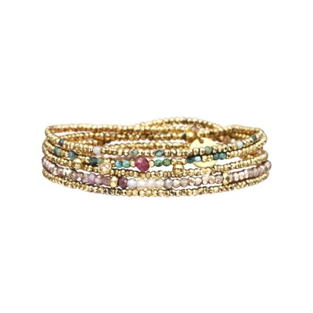 Bracelet élastique 5 tours ou Sautoir Gabrielle Tourmaline jaune, Cristal & Turquoise Africaine
