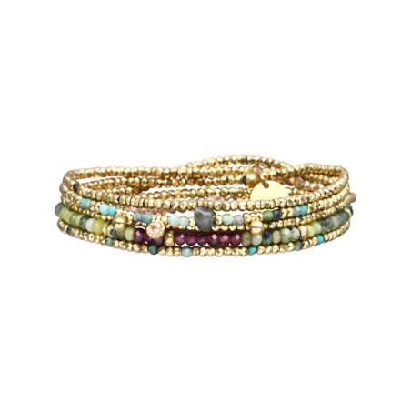 Bracelet élastique 5 tours ou Sautoir Gabrielle Tourmaline Verte, Grenat naturel & Turquoise Africaine