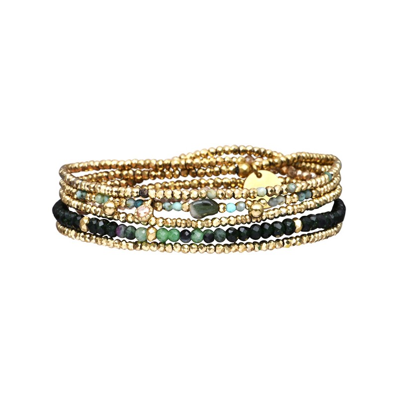 Bracelet élastique 5 tours ou Sautoir Gabrielle Spinelle vert, Rubis zoïste & Turquoise africaine