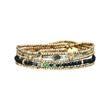 Bracelet élastique 5 tours ou Sautoir Gabrielle Spinelle vert, Rubis zoïste & Turquoise africaine