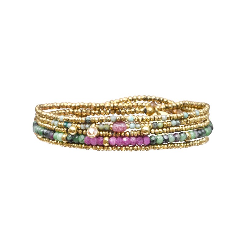 Bracelet élastique 5 tours ou Sautoir Gabrielle Rubis, Rubis zoïste, Turquoise africaine