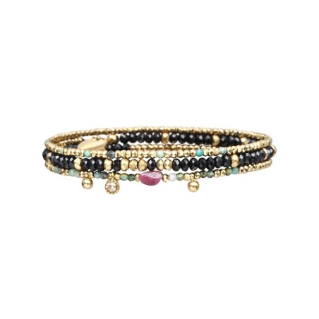 Bracelet élastique 3 tours ou collier Gabrielle Spinelle noir &  Turquoise Africaine