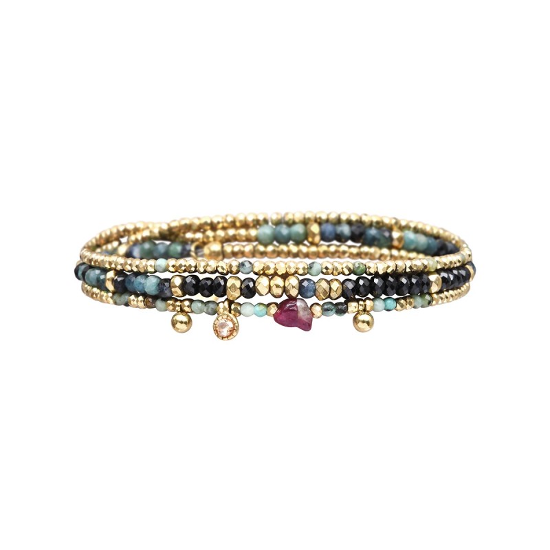 Bracelet élastique 3 tours ou collier Gabrielle Spinelle noir, Tourmaline bleue & Turquoise Africaine