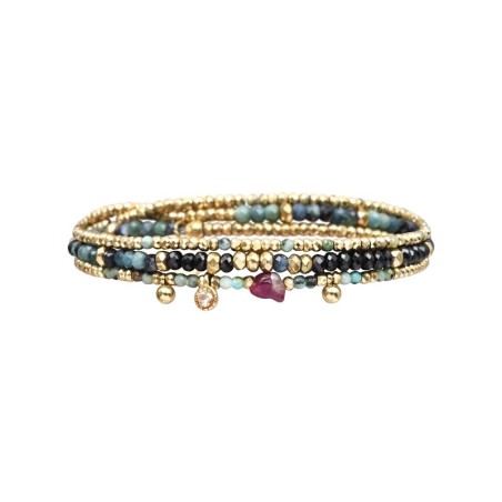 Bracelet élastique 3 tours ou collier Gabrielle Spinelle noir, Tourmaline bleue & Turquoise Africaine