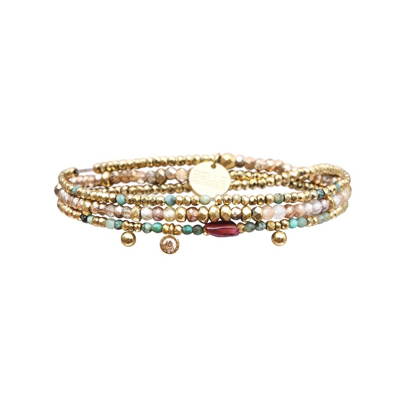Bracelet élastique 3 tours ou collier Gabrielle Tourmaline jaune, Cristal & Turquoise Africaine