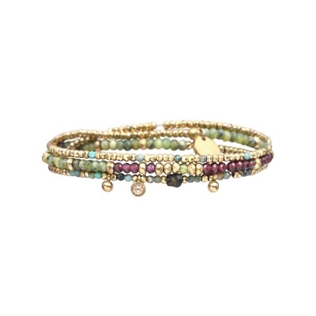 Bracelet élastique 3 tours ou collier Gabrielle Tourmaline Verte, Grenat naturel & Turquoise Africaine