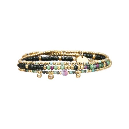 Bracelet élastique 3 tours ou collier Gabrielle Spinelle vert, Rubis zoïste & Turquoise africaine