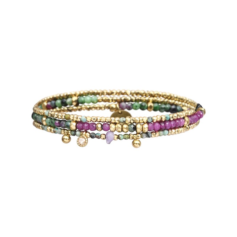 Bracelet élastique 3 tours ou collier Gabrielle Rubis, Rubis zoïste, Turquoise africaine