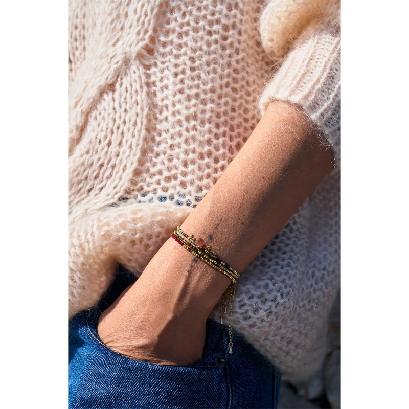 Bracelet élastique 3 tours ou collier Gabrielle Rubis, Rubis zoïste, Turquoise africaine