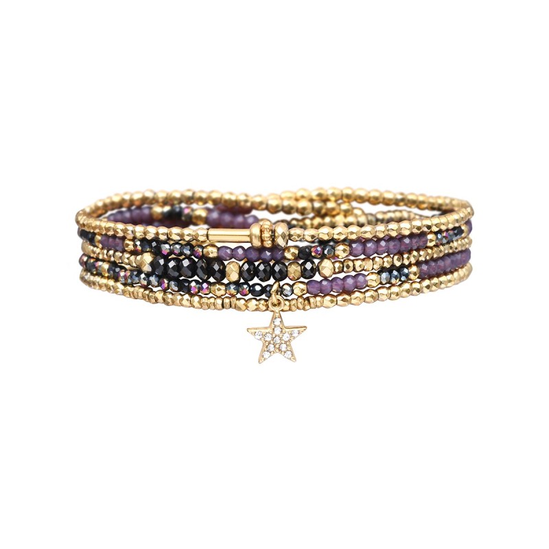 Bracelet 5 Tours Gaby Cristal noir, mauve et arc en ciel