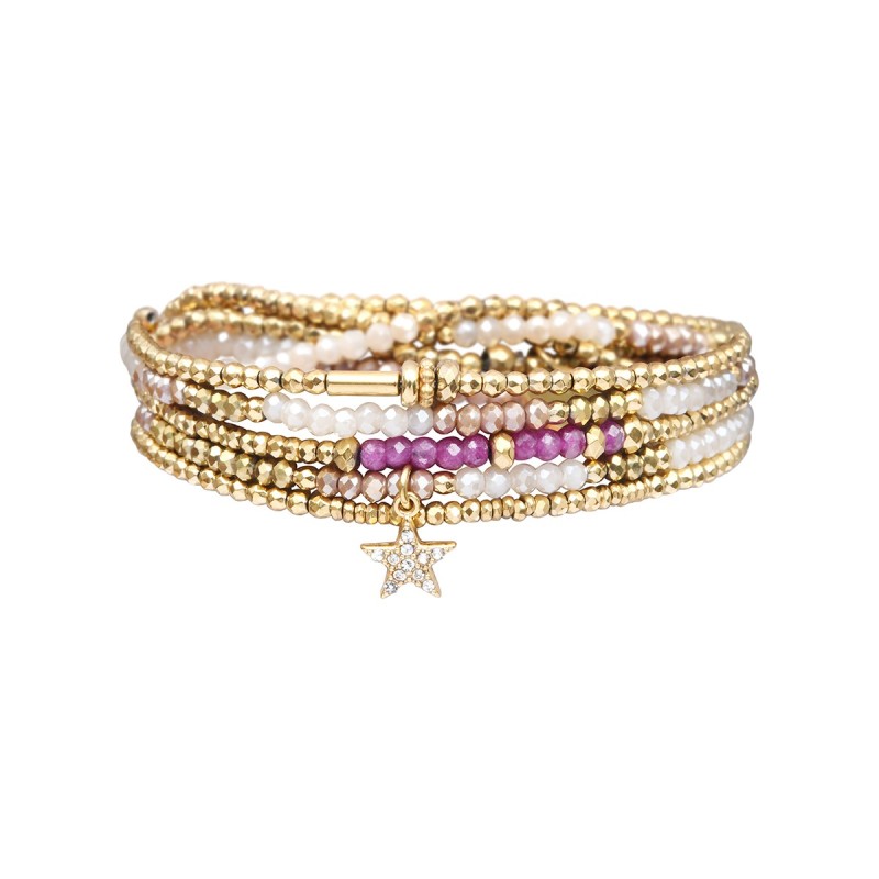 Bracelet 5 Tours Gaby Cristal nuage de lait, rosé & rubis
