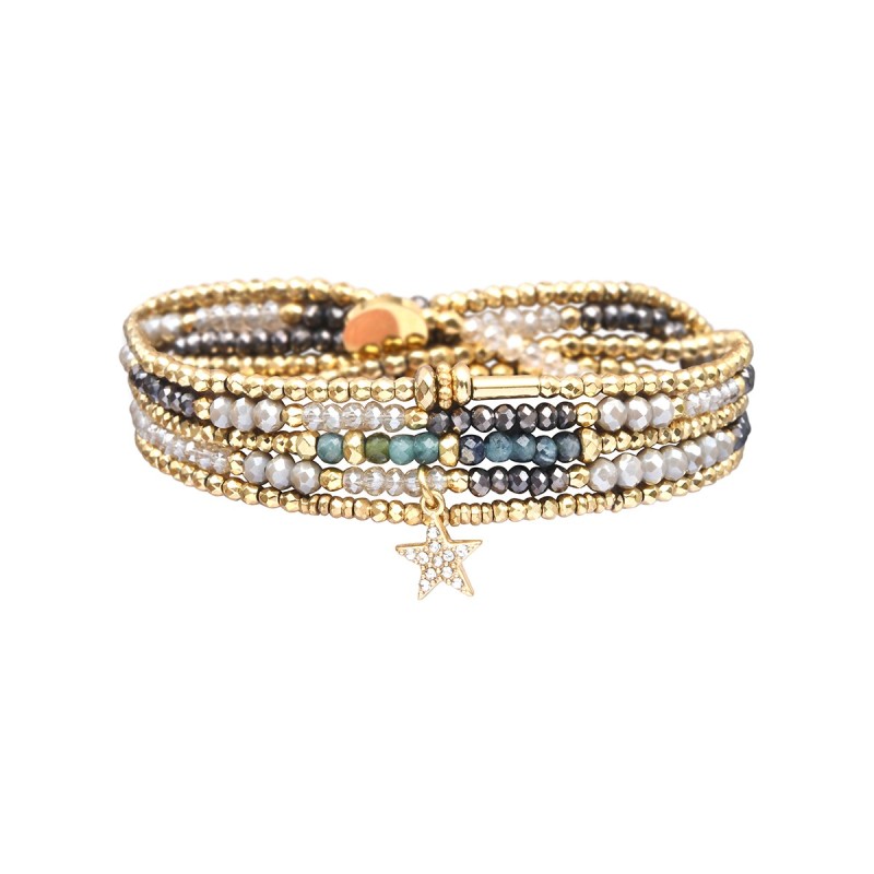 Bracelet 5 Tours Gaby Cristal blanc, gris & tourmaline bleue