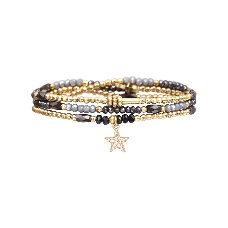 Bracelet 3 tours Gaby Cristal noir, gris & brun frioul