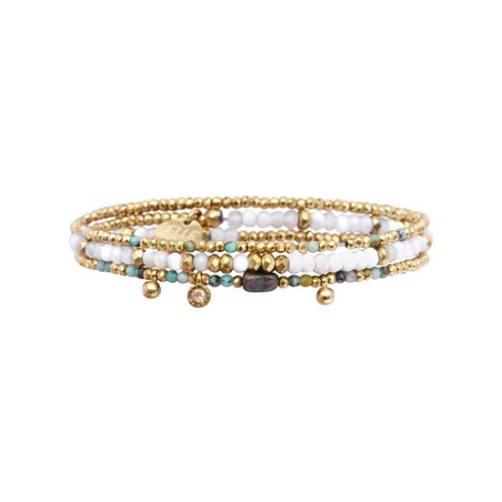 Bracelet élastique 3 tours Gabrielle turquoise blanche