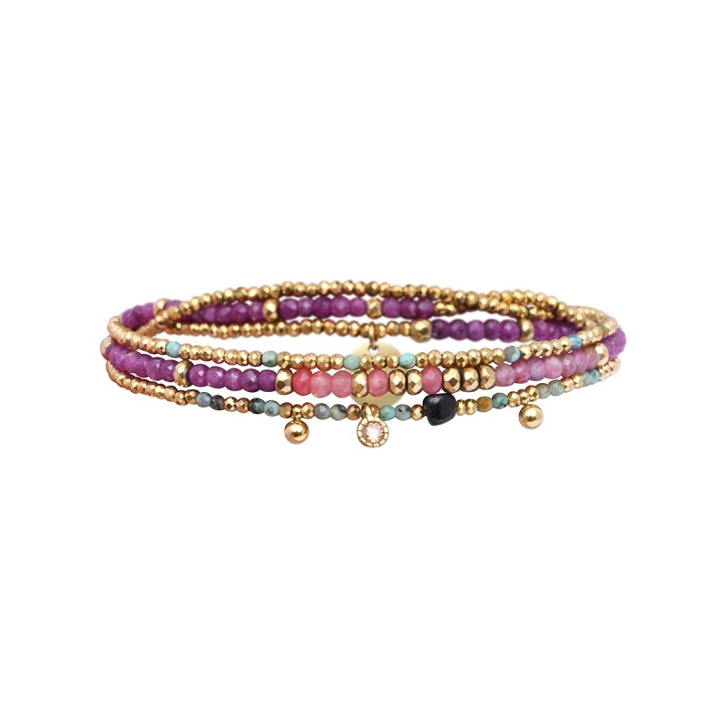 Bracelet élastique 3 tours Gabrielle tourmaline rose