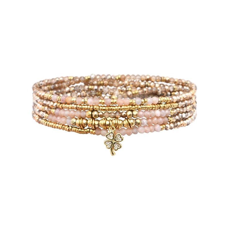 Bracelet élastique 5 tours Janna pierre de lune rose