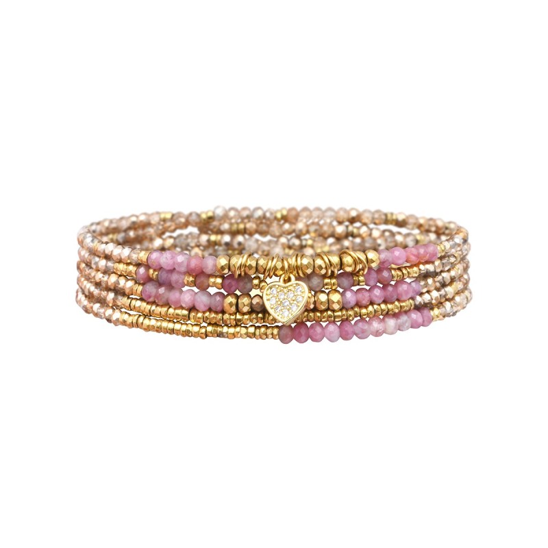 Bracelet élastique 5 tours Janna tourmaline rose